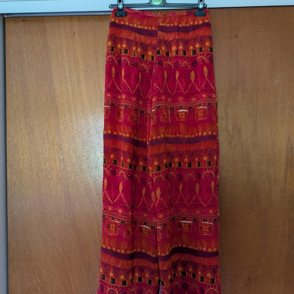 Vintage Bohemian Print Wide Leg Pants - Red and Orange Abstract Size Large - Picture 6 of 10